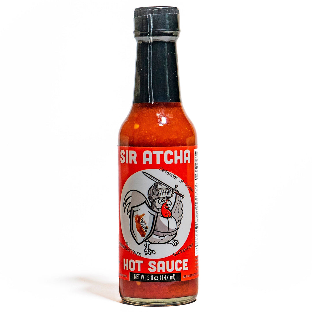 Bottle of Sir Atcha hot sauce on a white background