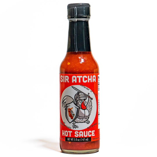 Bottle of Sir Atcha hot sauce on a white background