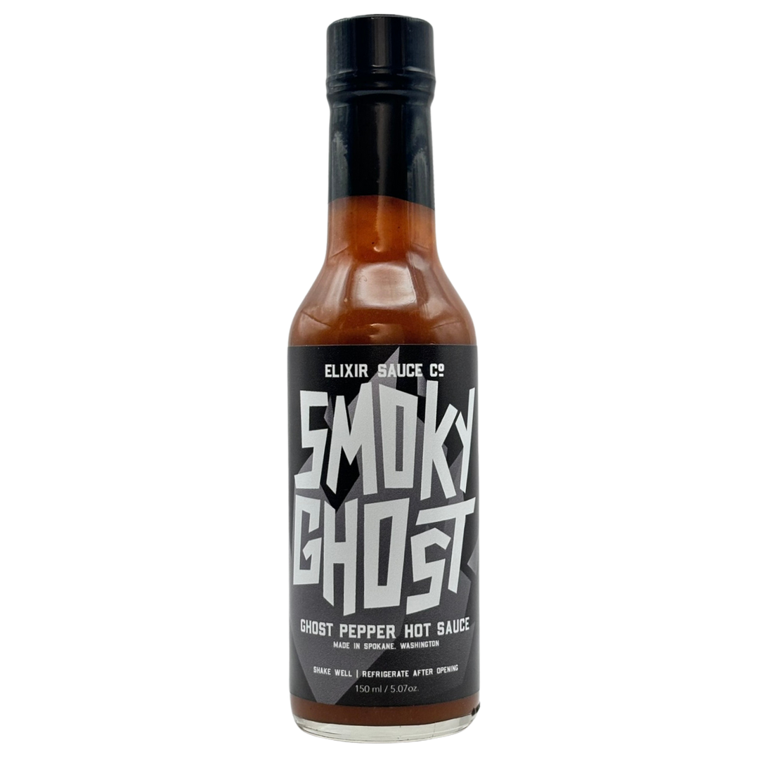 Bottle of Smoky Ghost hot sauce on a white background