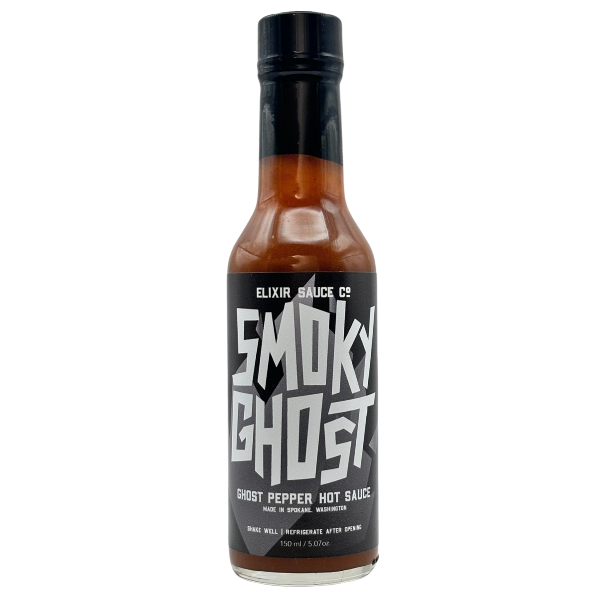 Bottle of Smoky Ghost hot sauce on a white background