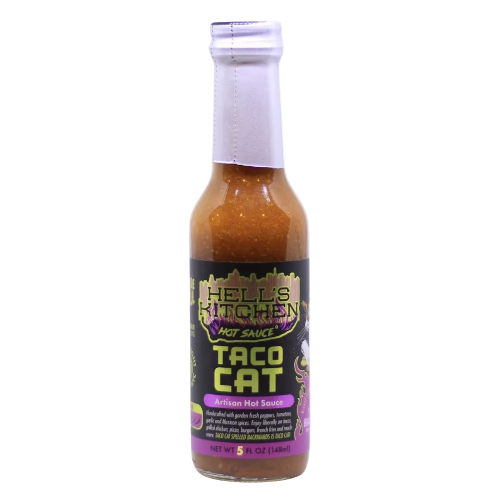 Bottle of Hell's Kitchen Taco Cat hot sauce on a white background